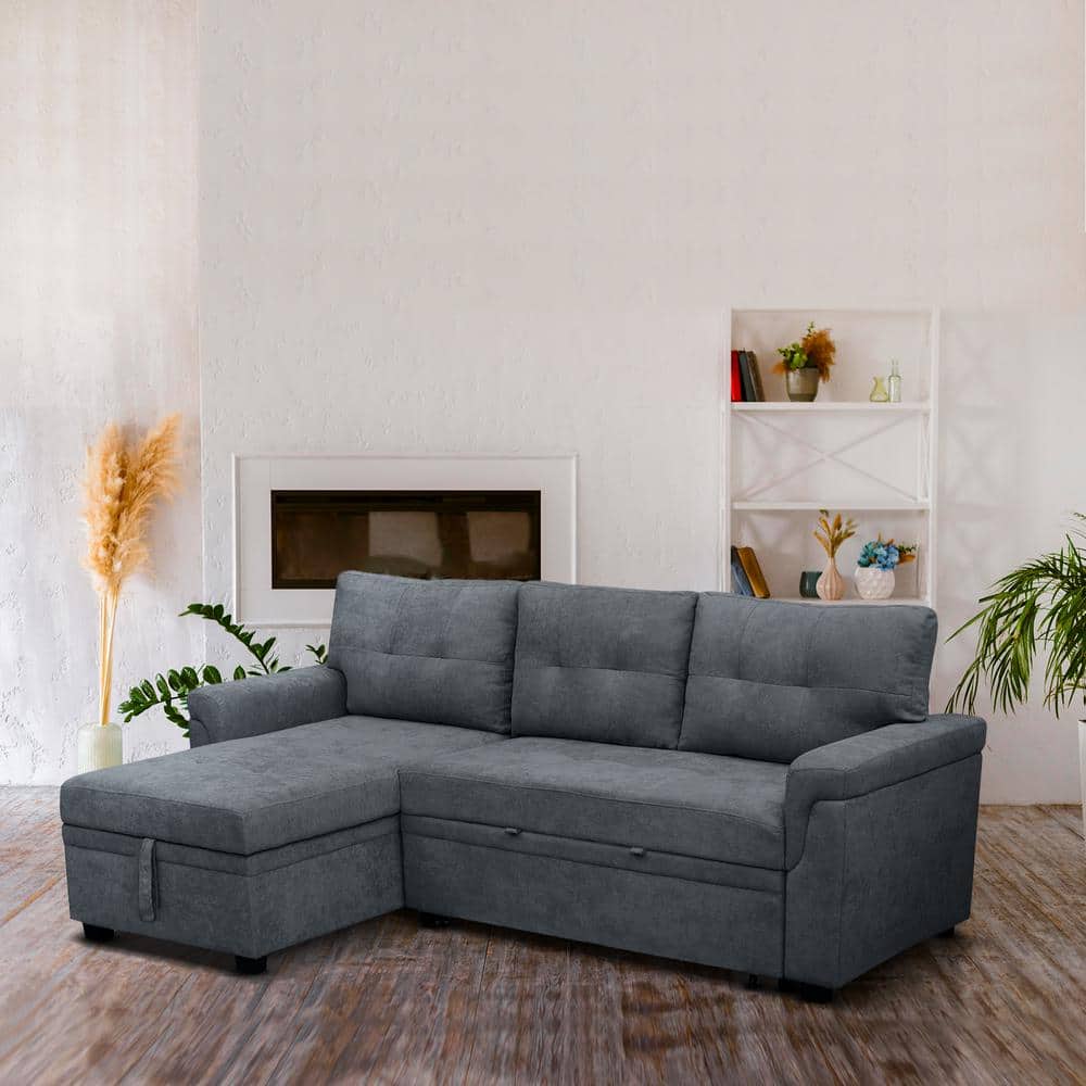 HOMESTOCK 84.64 in. Velvet L - Shaped Sleeper Sectional Sofa with Square Arms in Dark Gray, Reversible Chaise, and Pull - out Sofa Bed - Stu's Home Improvement Outlet