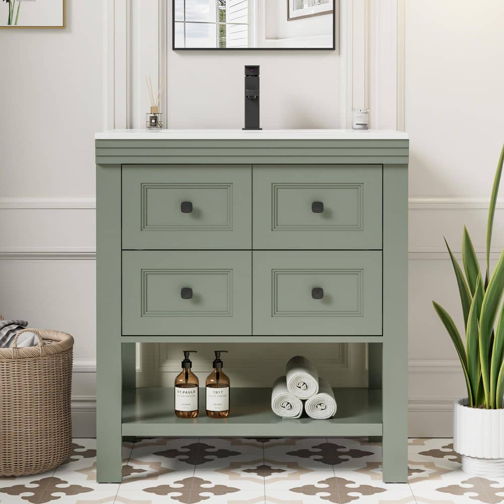 30 in. W x 17.7 in. D x 34 in. H 1-Sink Freestanding Bath Vanity in Green with White Ceramic Top and Drain Faucet Set