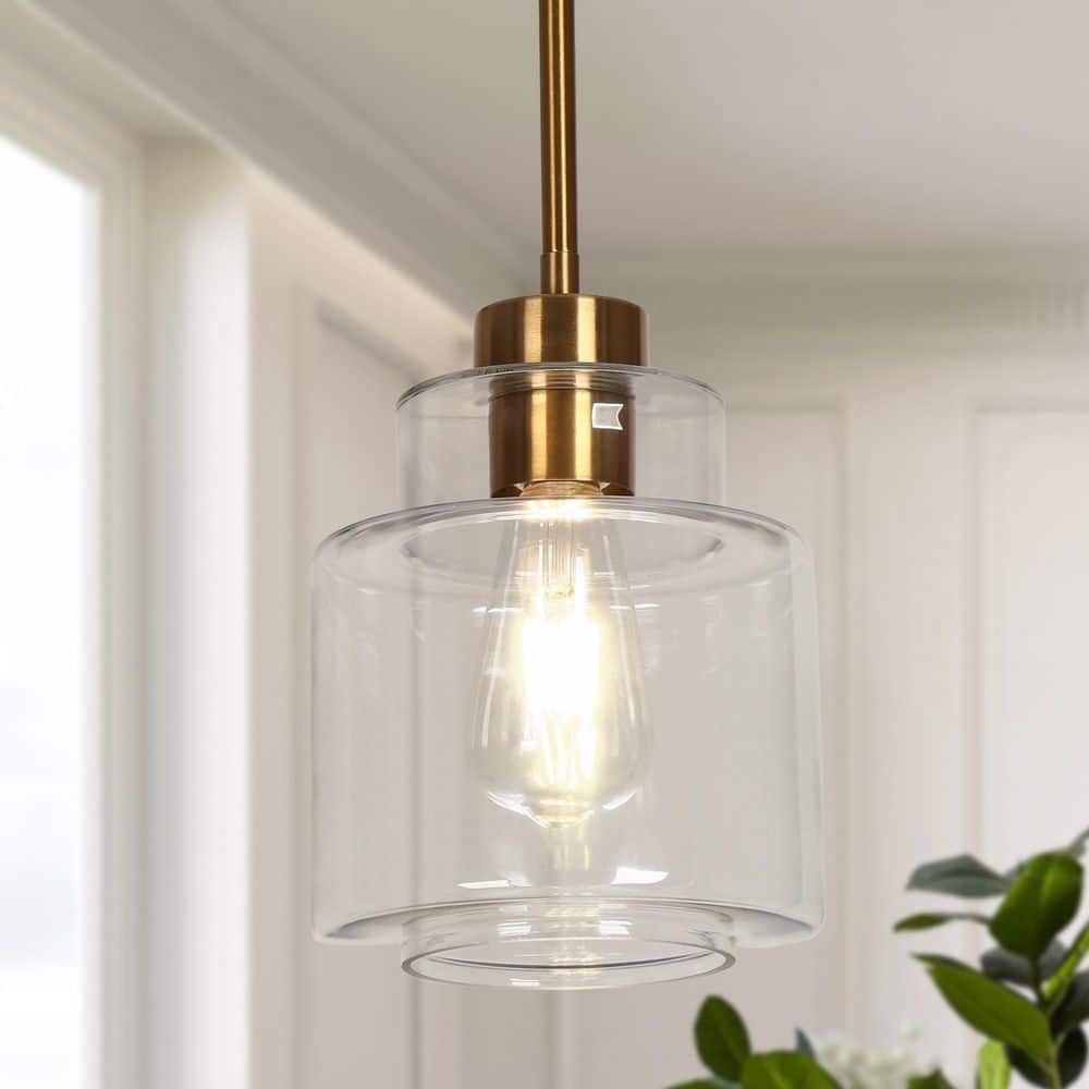 1-Light Brass Gold Pendant Light with Clear Glass Shade