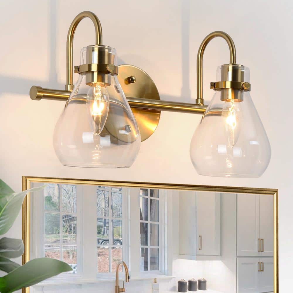 Transitional Teardrop Bathroom Vanity Light 2-Light Plating Brass Bell Powder Room Wall Light with Clear Glass Shades