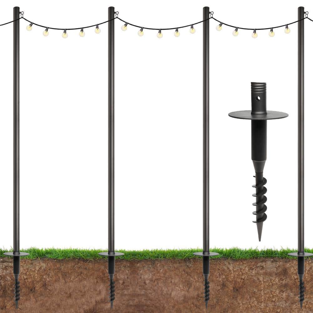 Four 10 ft. Premium String Light Poles For Grass/Dirt, Black