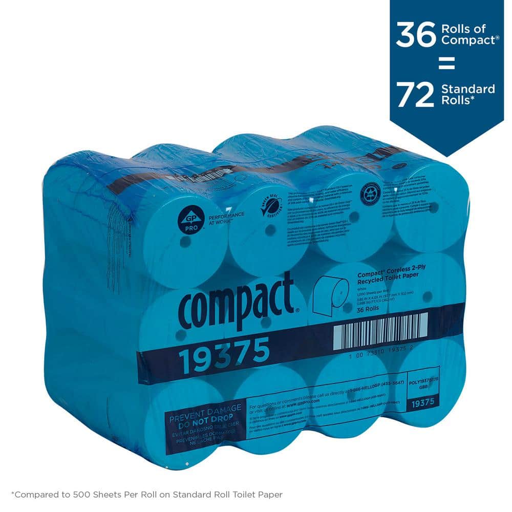 Compact Coreless 2 - Ply Recycled Toilet Paper (1000 Sheets per Roll 36 Rolls per Pack) - Stu's Home Improvement Outlet