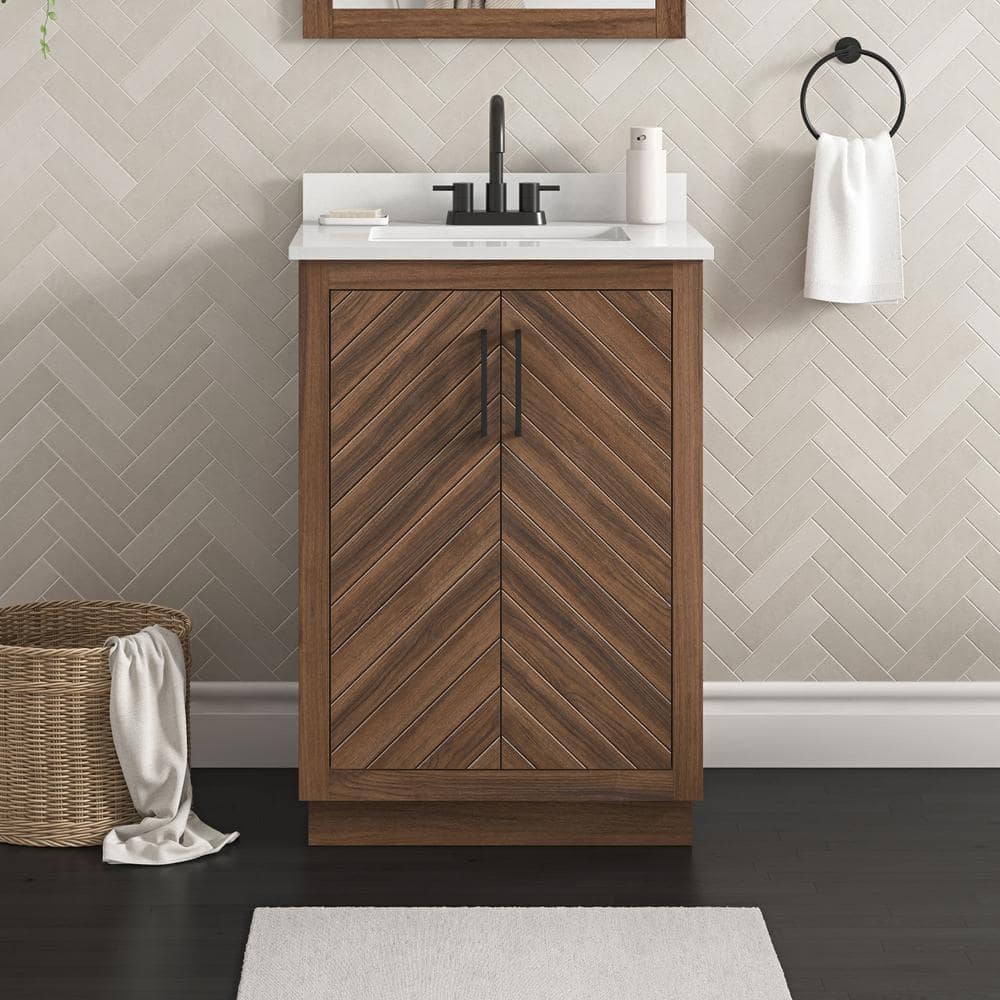 Huckleberry 24 in. Single Sink Spiced Walnut Bath Vanity with White Engineered Stone no top