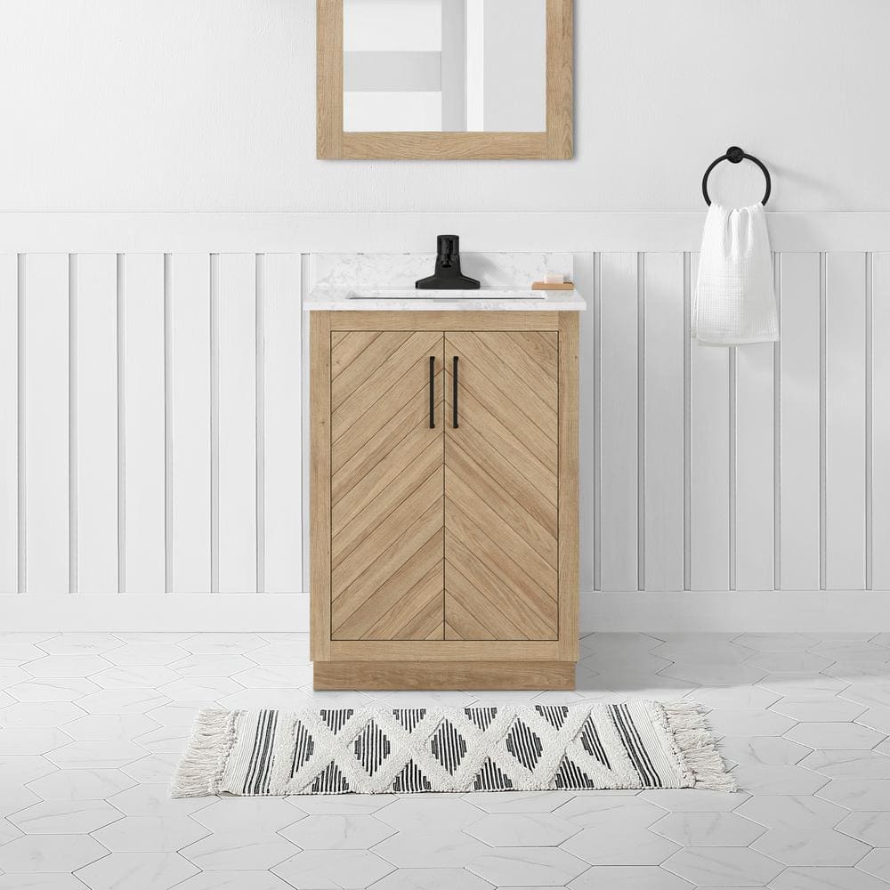 Glacier Bay Huckleberry 24 in. W x 19 in. D x 34 in. H Single Sink Bath Vanity in Weathered Tan with White Engineered Marble Top