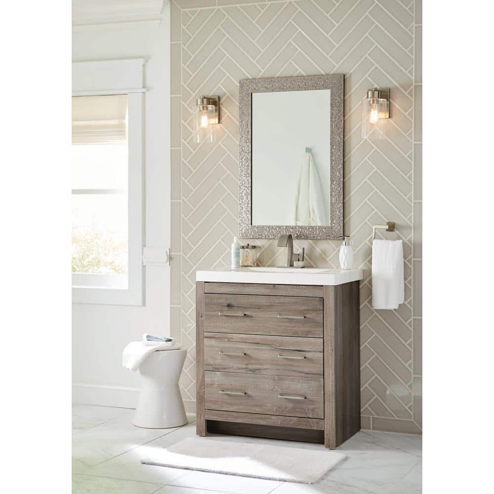Woodbrook 31 in. Single Sink White Washed Oak Bath Vanity with White Cultured Marble Top (Assembled)