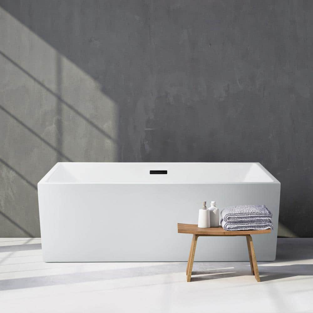58 in. Acrylic Flatbottom Non-Whirlpool Bathtub in Glossy White with Matte Black Drain and Overflow Cover