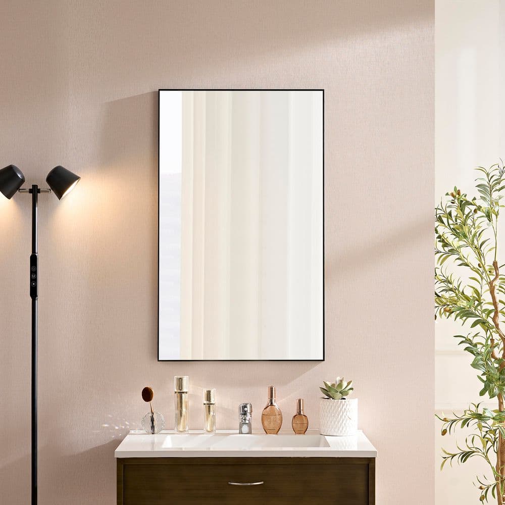 22 in. W x 36 in. H Glossy Black Metal Frame Bathroom Mirror Vanity Mirror with Aluminum Frame,Horizontal/Vertical Mount