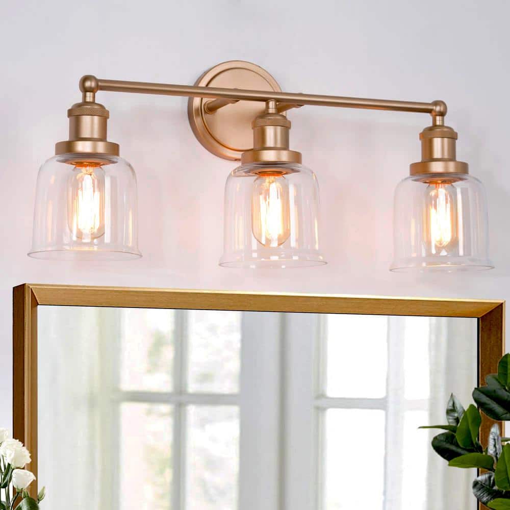 Modern Bell Bathroom Vanity Light Mila 3-Light Brass Gold Circle Powder Room Wall Sconce Light with Clear Glass Shades
