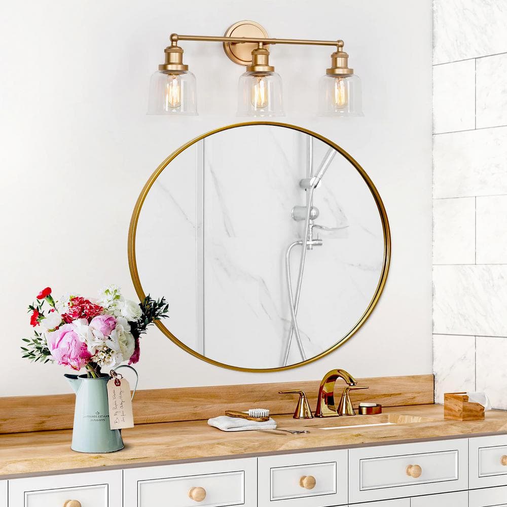 Modern Bell Bathroom Vanity Light Mila 3-Light Brass Gold Circle Powder Room Wall Sconce Light with Clear Glass Shades