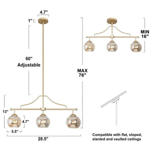 3 - Light Modern Gold Kitchen Island Chandelier Lighting, Transitional Linear Pendant Hanging Light with Mercury Glass - Stu's Home Improvement Outlet