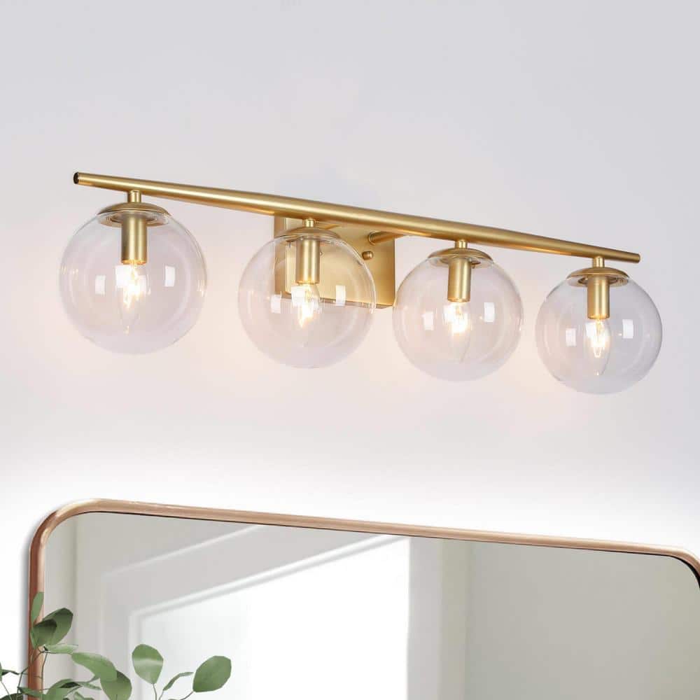 30 in. 4-Light Light Gold Vanity Light with Globe Clear Glass Shades, Mid-Century Modern Bathroom Bar Wall Light