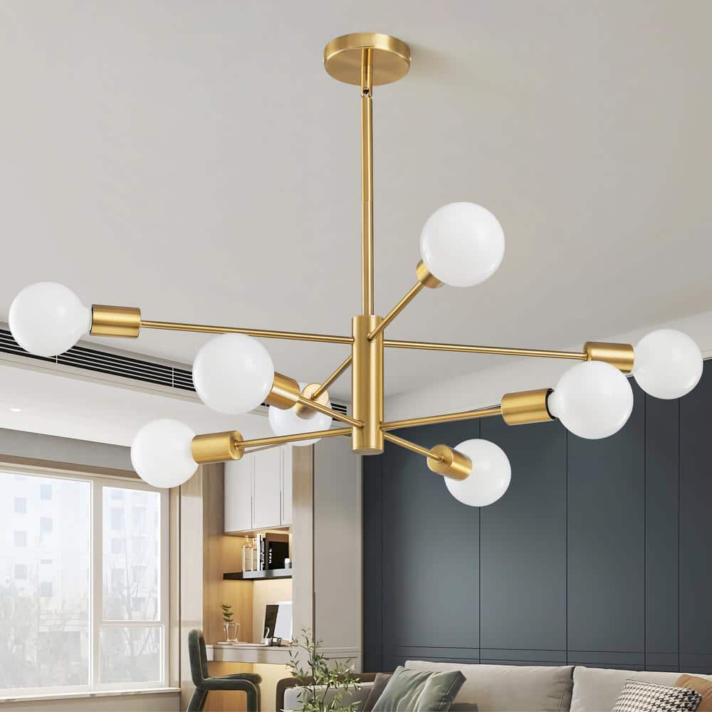 8-Light Height Adjustable Mid-Century Ceiling Light Gold Metal Modern Linear Sputnik Chandelier With No Bulbs Included