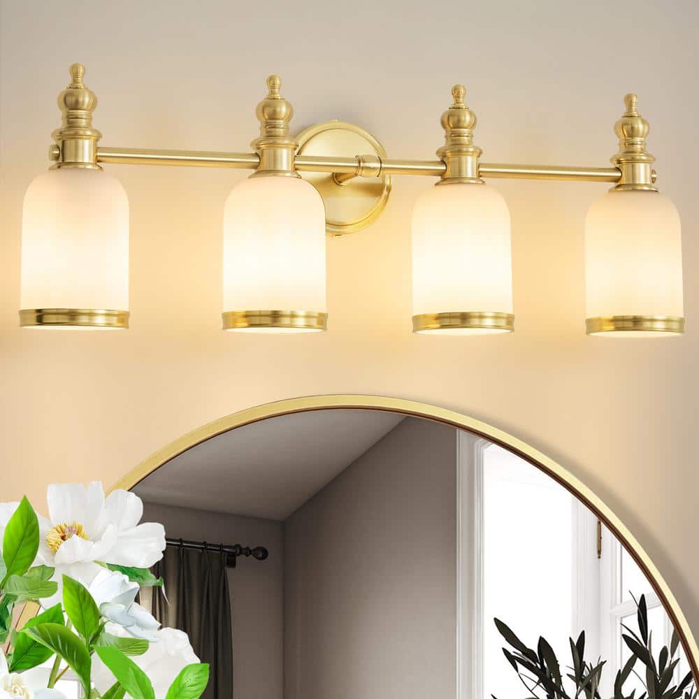 27.75 in. Gold 4 - Light Bathroom Vanity Light with Milky White Glass Shades, Dimmable, Suitable for Bathroom Living Room - Stu's Home Improvement Outlet