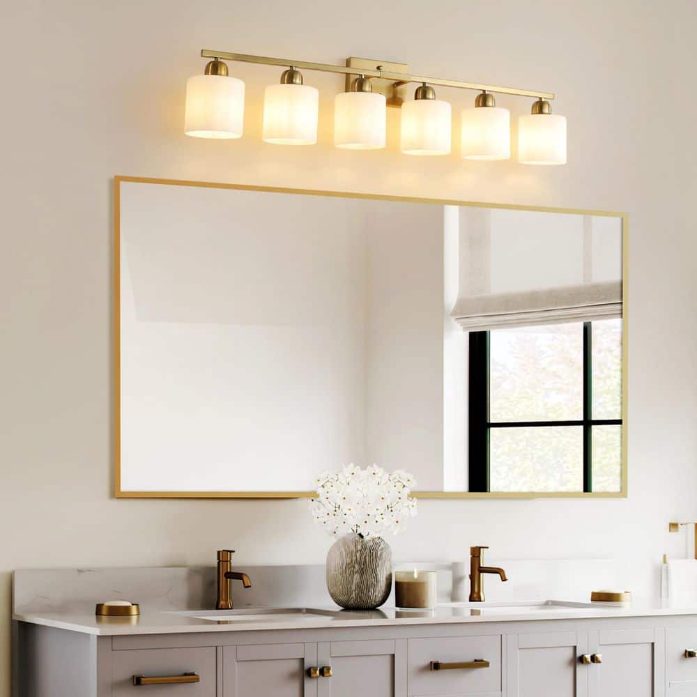 38 in. 6-Light Gold Modern Bathroom Vanity Light Fixture with Milky White Frosted Glass Shades