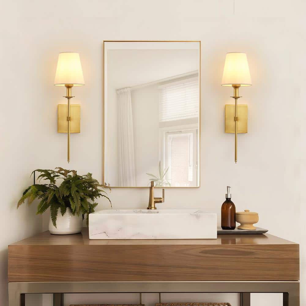 Set of 2 Gold Indoor Industrial Wall Sconces with White Fabric Shade, Modern Wall-Mounted Light Fixture for Bedroom