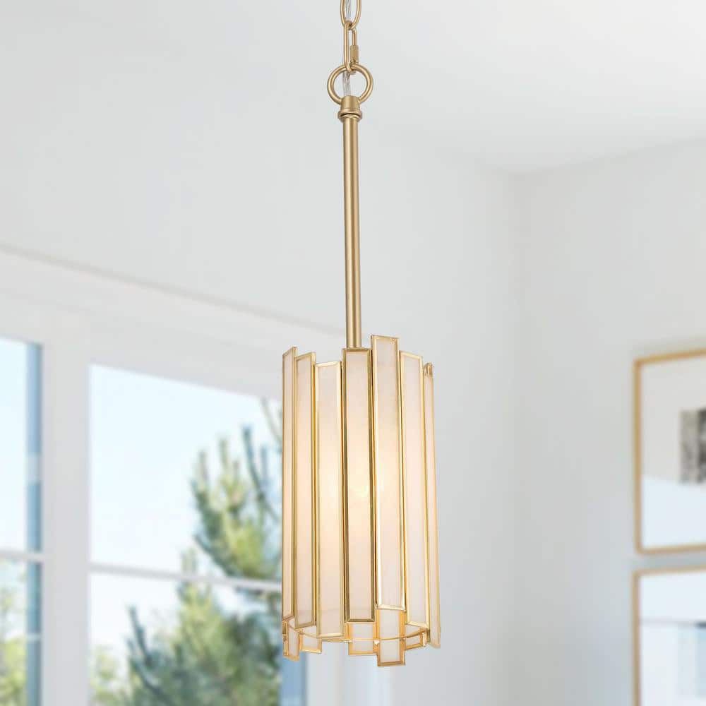 Modern Gold 1-Light Drum Pendant Light with Tiffany Glass Shade Cylinder Geometric Island Foyer Hanging Light