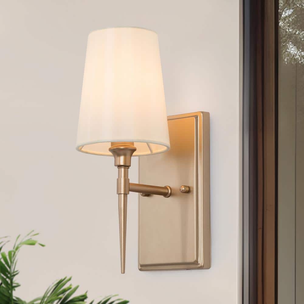 Modern Classic 1-Light Gold 4.7 in. W Wall Sconce Powder Room Bathroom Armed Wall Light with Bell Fabric Shade