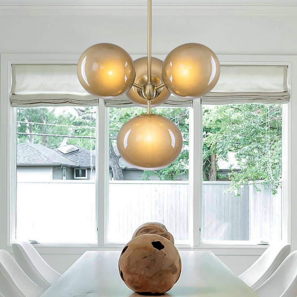 MENCOLULU 4-Light Mid-Century Modern Gold Cluster Chandelier with Coffee Globe Glass Shades