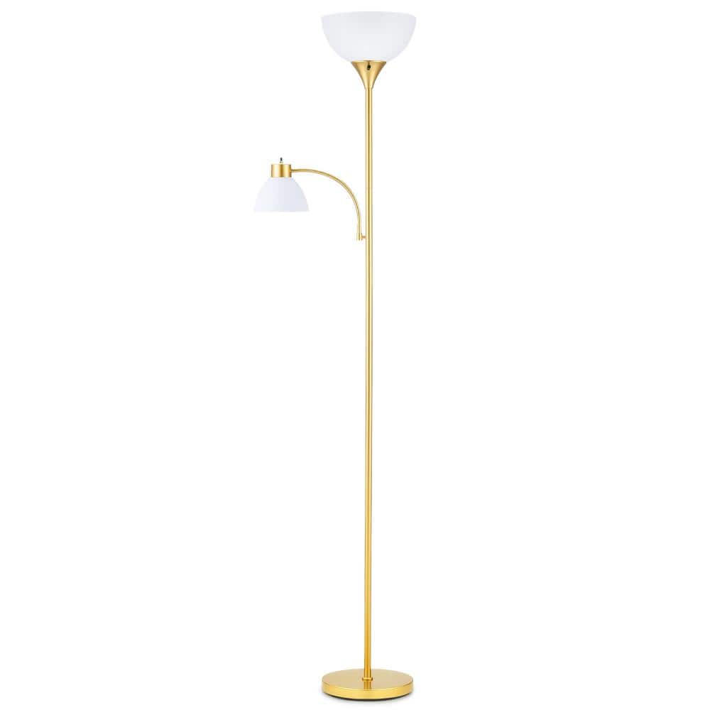 71 in. Gold Torchiere Floor Lamp, 2-Light Standing Lamp for Living Room with Acrylic Dome Shade and Reading Lights