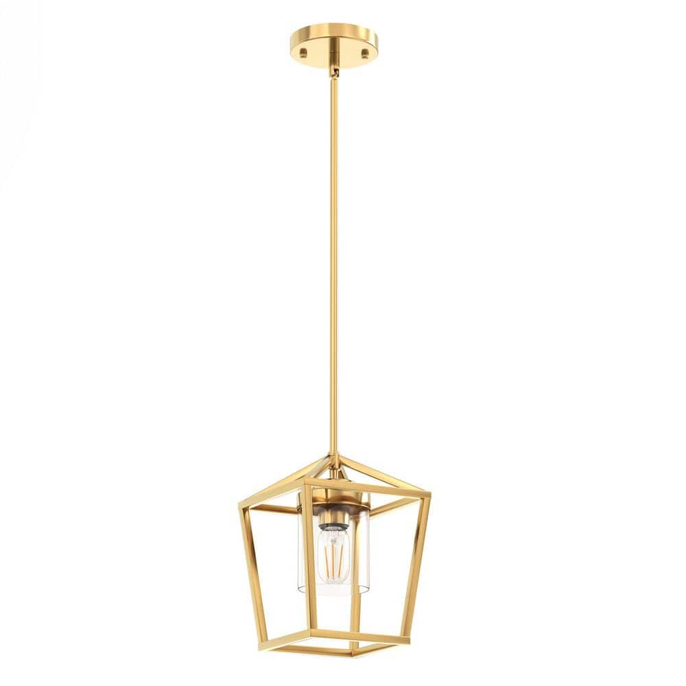 7 in. 1-Light Gold Modern Farmhouse Cage Lantern Pendant with Clear Glass Shade