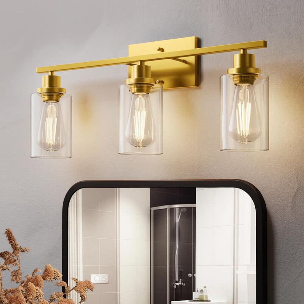 24 in. 3-Light Industrial Gold Vanity Light Fixtures for Bathroom with Clear Glass Shades
