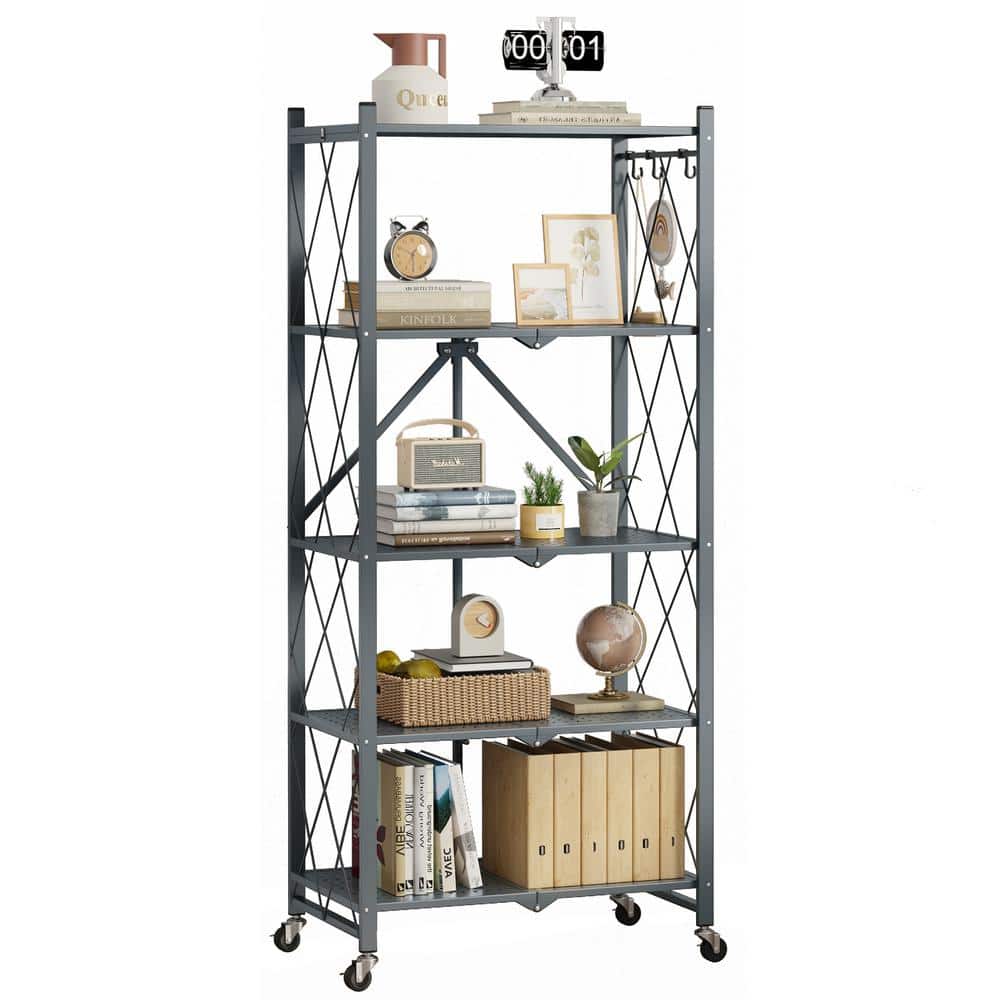 5-Tier Grey Foldable Metal Rack Storage Shelving Unit, Kitchen Shelf with Wheels