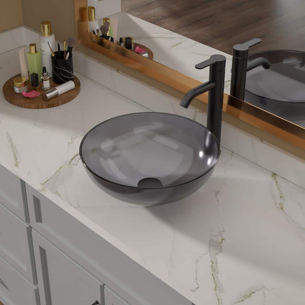 14 in. Gray Glass Oval Bathroom Vessel Sink Above Counter Artistic Basin Sink
