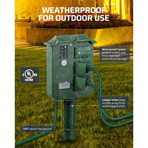 Outdoor Power Stake Timer Waterproof, 100 ft. Wireless Remote Control, 6 Grounded Outlets, 6 ft. Extension Cord - Stu's Home Improvement Outlet
