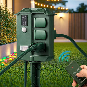 Outdoor Power Stake Timer Waterproof, 100 ft. Wireless Remote Control, 6 Grounded Outlets, 6 ft. Extension Cord - Stu's Home Improvement Outlet