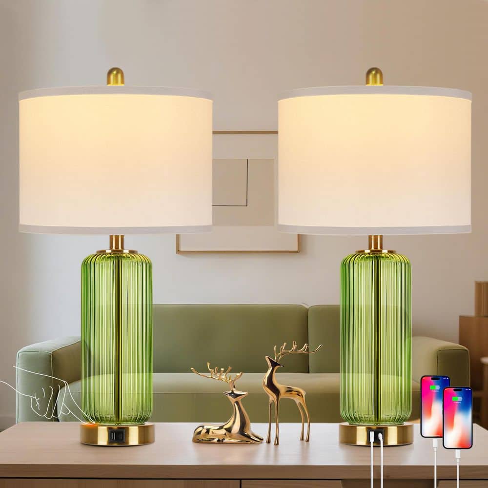 26'' Modern Green Glass Table Lamps Set of 2,3 - Way Dimmable Bedside Lamps with USB A+C Ports& Touch Control for Bedroom - Stu's Home Improvement Outlet