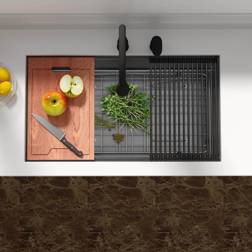 33 in. Gun Black Drop - In Workstation 16 - Gauge Stainless Steel Single Bowl Undermount Kitchen Sink with Cutting Board - Stu's Home Improvement Outlet