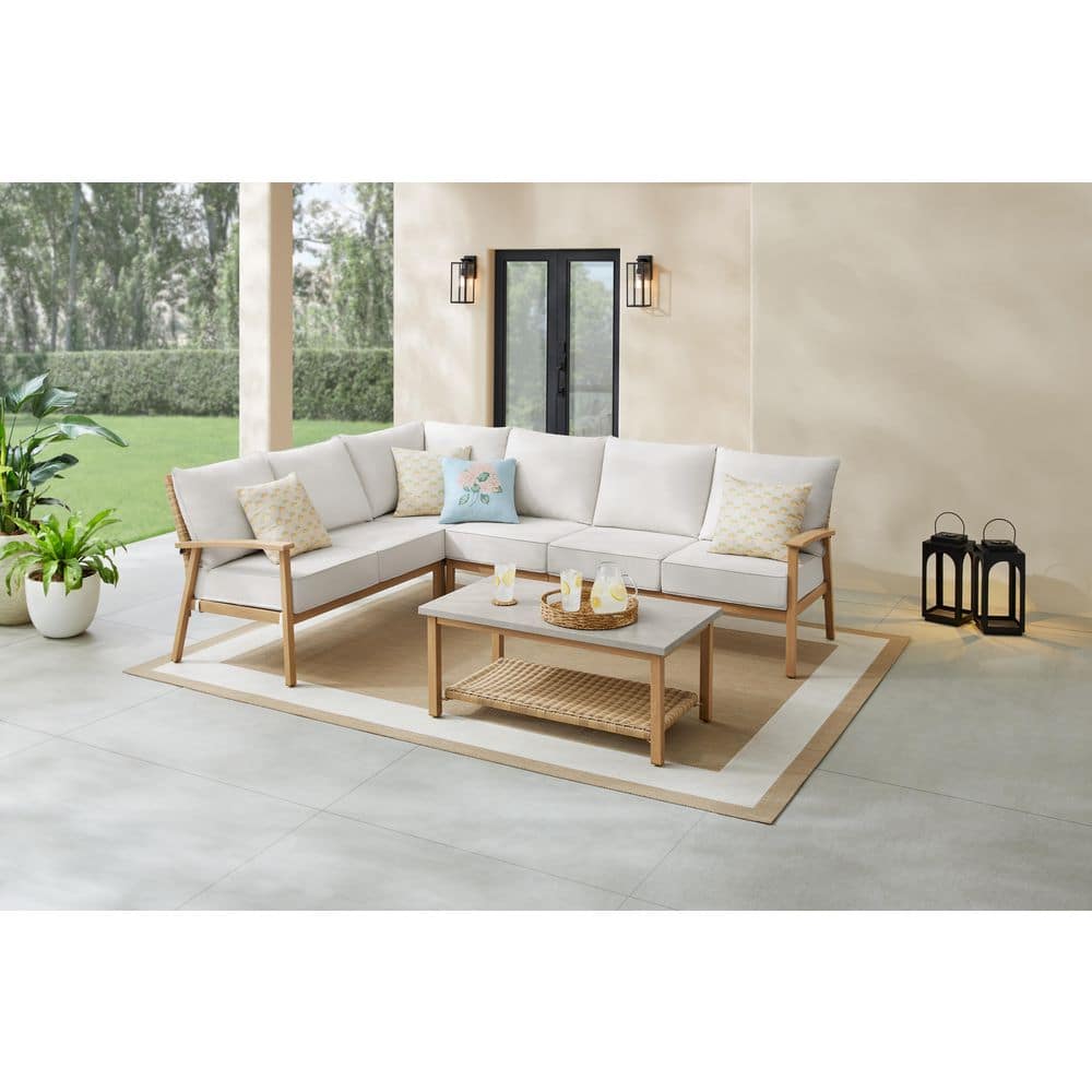 Hampton Bay West Haven 5-Piece Wicker Outdoor Sectional Set with CushionGuard Almond Cushions