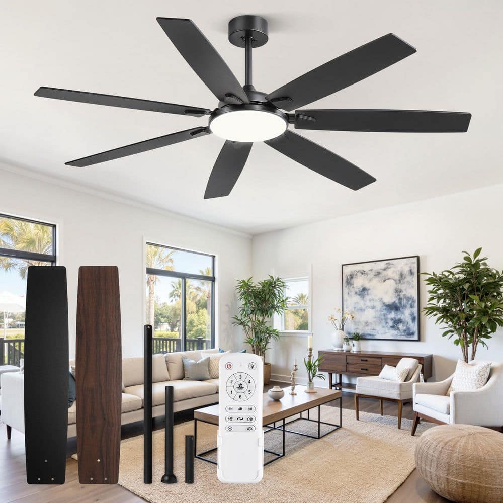 HINNIXY 62 in. Large Farmhouse Indoor and Outdoor Ceiling Fan with Lights, Black Modern, 8 Dual Finish Blades, Quiet DC Motor - Stu's Home Improvement Outlet