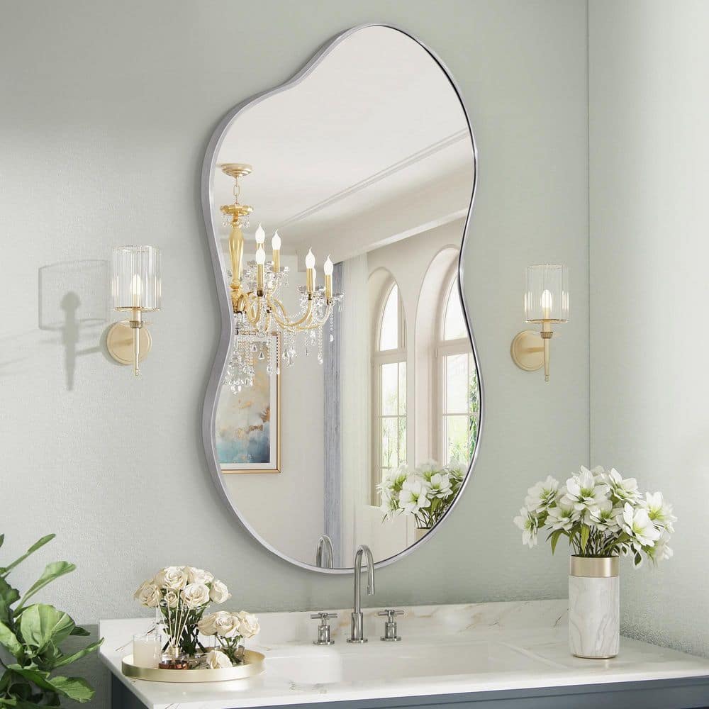 20 in. W. x 36 in. H Asymmetrical Silver Aluminum Alloy Framed Wall Mirror Irregular Wall Mirror