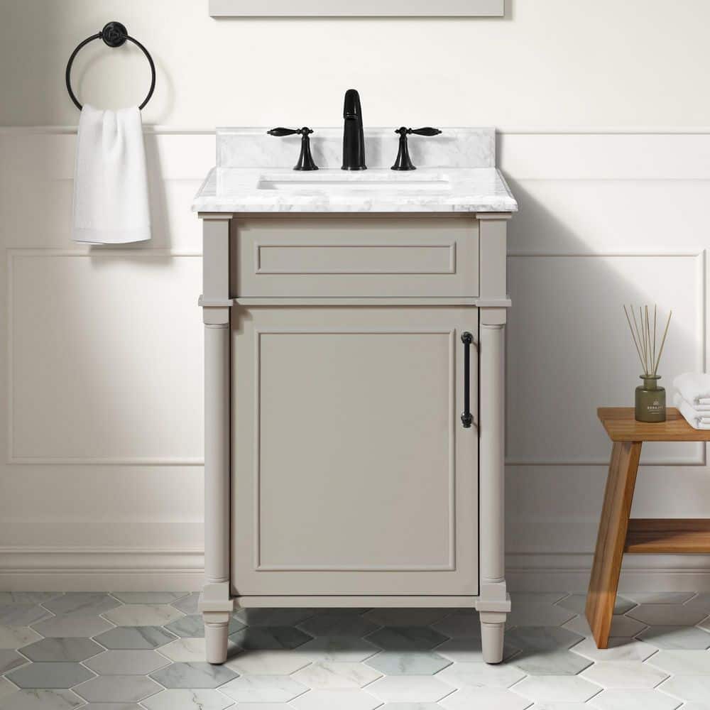 Aberdeen 24 in. Single Sink Warm Gray Bath Vanity with Carrara Marble Top (Assembled)