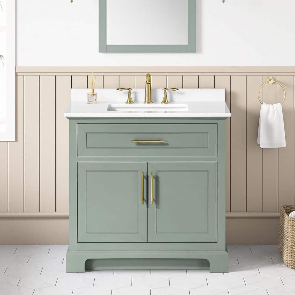 Doveton 36 in. Single Sink Sage Green Bath Vanity with White Engineered Stone Top (Assembled)