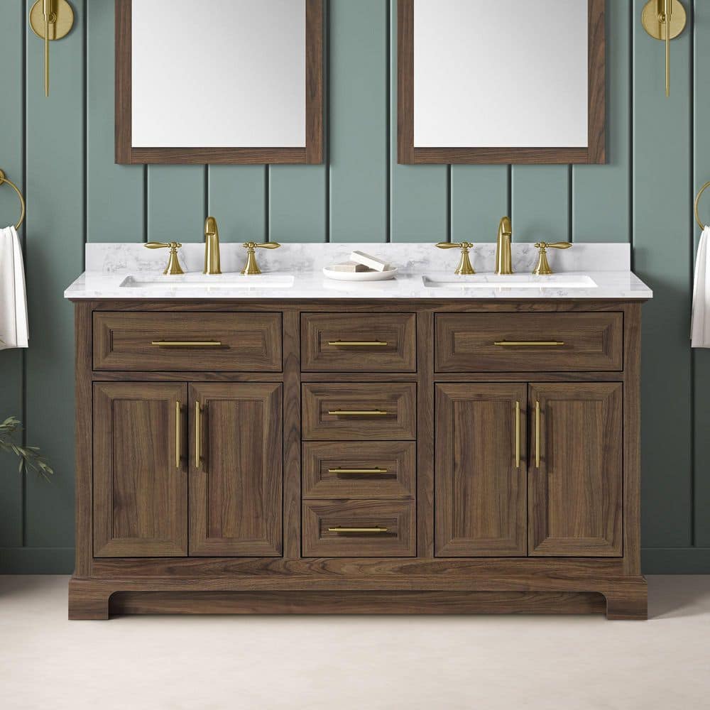 Home Decorators Collection Doveton 60 in. Double Sink Dark Walnut Bath Vanity with White Engineered Marble Top (Assembled) - Stu's Home Improvement Outlet