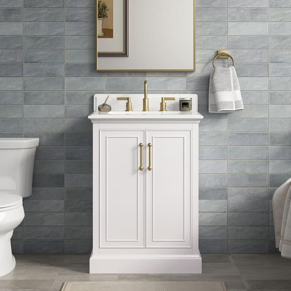 Ravenscroft 25 in. Single Sink White Swan Bath Vanity with Carrara White Engineered Stone Top (Assembled)