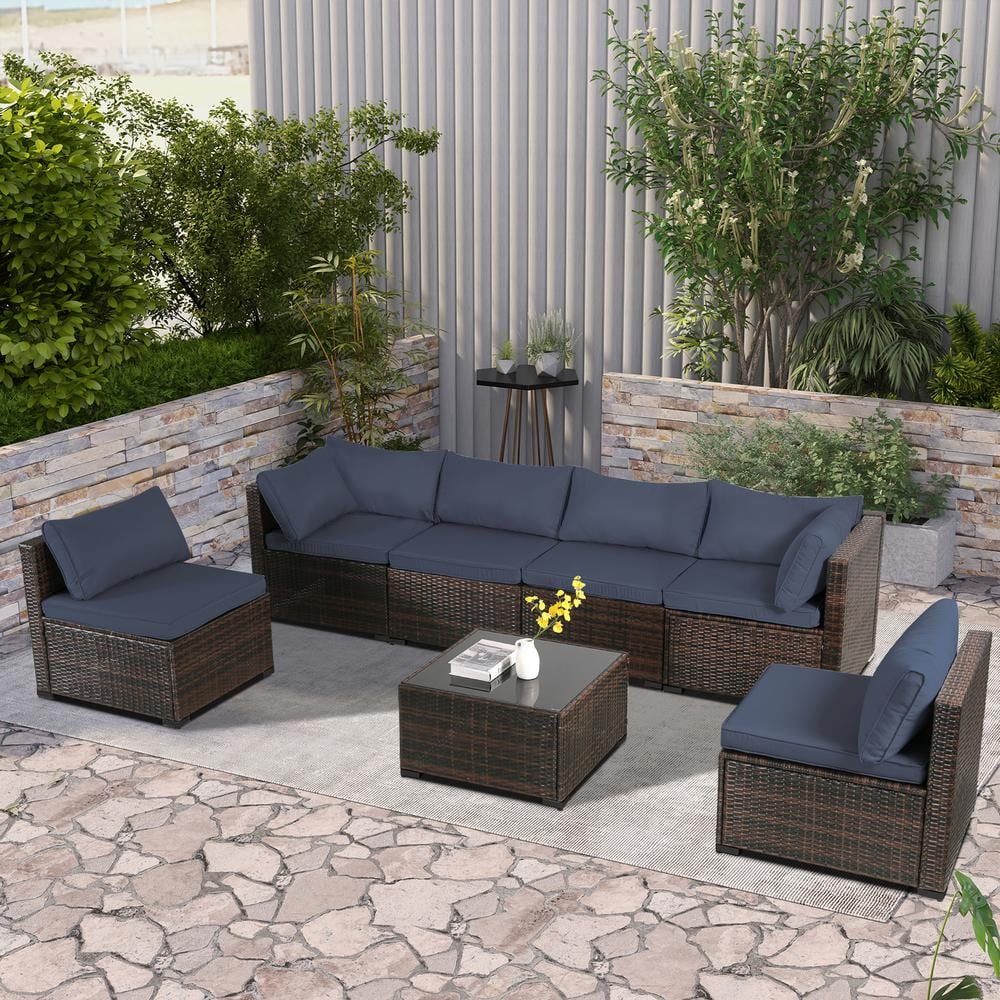 7 - Piece Patio Furniture Set All - Weather Sofa Set Brown Wicker Patio Conversation Set w\ Table and Midnight - Blue Cushion - Stu's Home Improvement Outlet