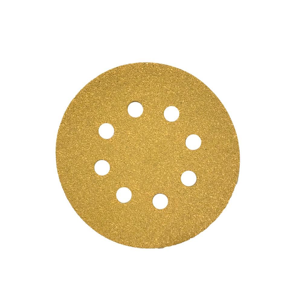 5 in. 8 - Hole Gold 220 - Grit Stearated Aluminum Oxide Hook and Loop Sanding Discs (50 per Box) - Stu's Home Improvement Outlet