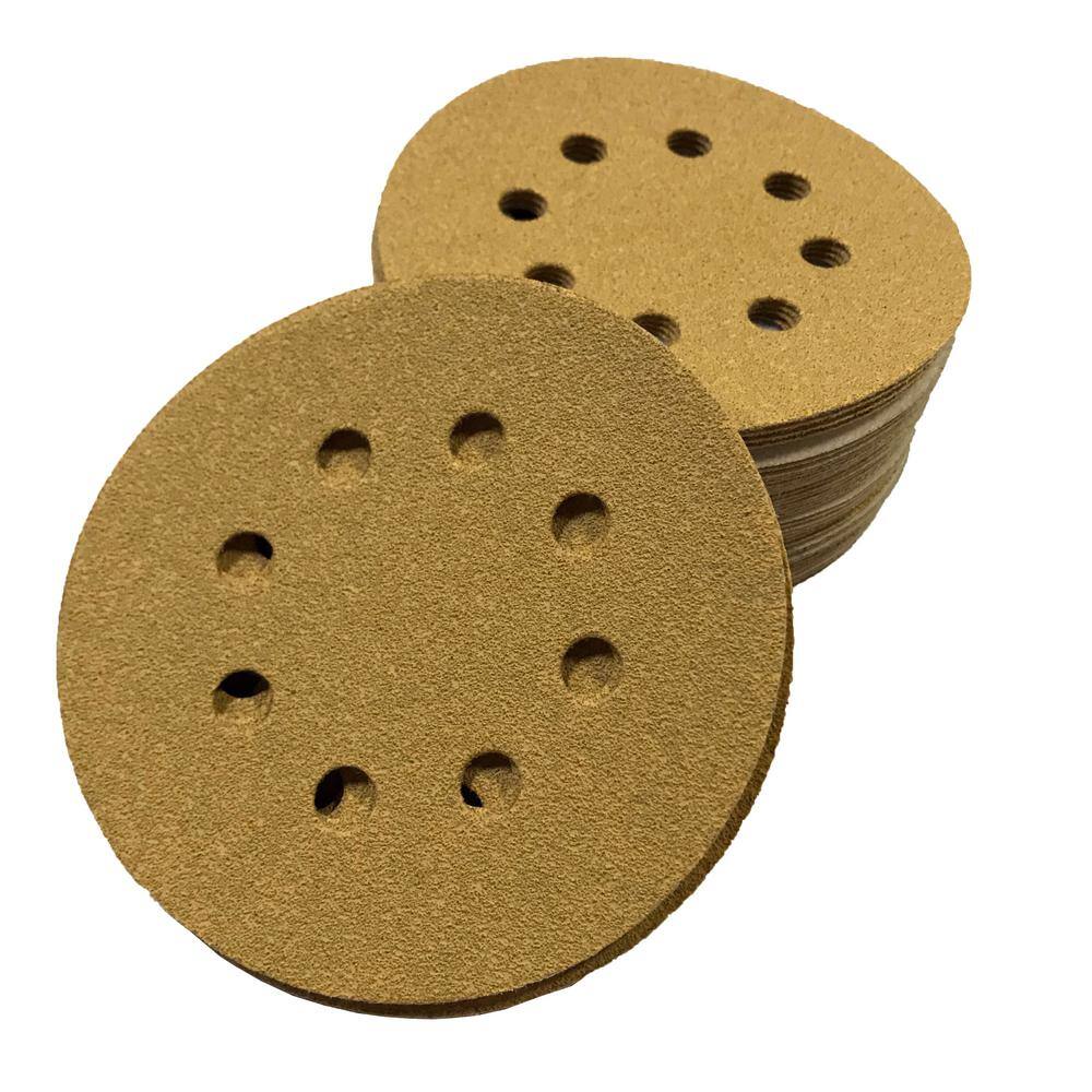 5 in. 8 - Hole Gold 220 - Grit Stearated Aluminum Oxide Hook and Loop Sanding Discs (50 per Box) - Stu's Home Improvement Outlet