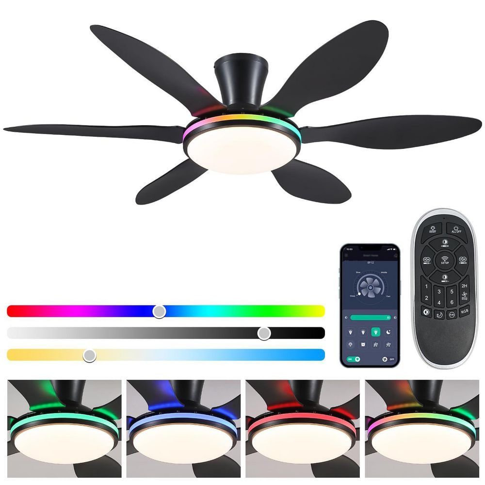 51 in. Indoor/Outdoor Flush Mount Black Ceiling Fan with RGB Color LED Light and Remote/APP Control - Stu's Home Improvement Outlet