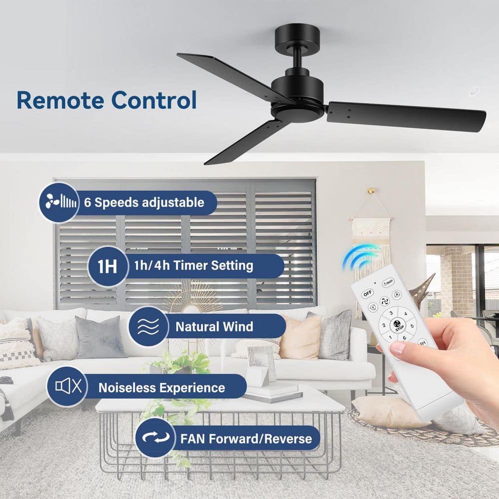 48 in. Indoor Black Ceiling Fans with 3-Black Blades and Downrod with Remote Included in 2-Packs
