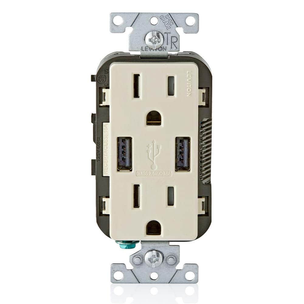 3.6A USB Dual Type A In - Wall Charger with 15 Amp Tamper - Resistant Outlets, Light Almond - Stu's Home Improvement Outlet