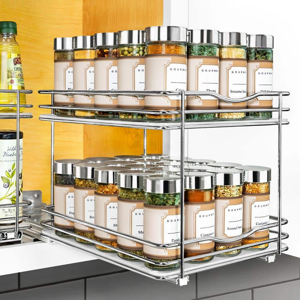 LYNK PROFESSIONAL 8-1/4 in. Wide - Double Silver Chrome Slide Out Spice Rack Pull Out Cabinet Organizer