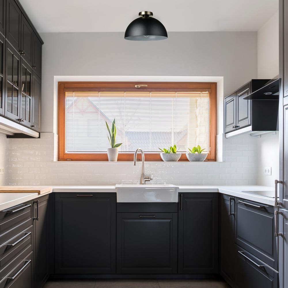 Monica 14 in. 1-Light Matte Black Semi-Flush Mount with Gold Accent, Incandescent Bulb Included