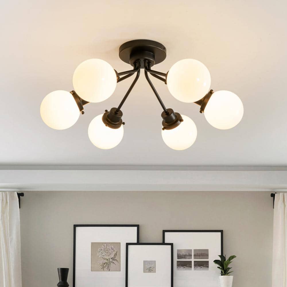 Ceder 6-Light 24.4 in. W Mid-Century Modern Black Semi Flush Mount Ceiling Light Fixture with Opal Glass for Entryway