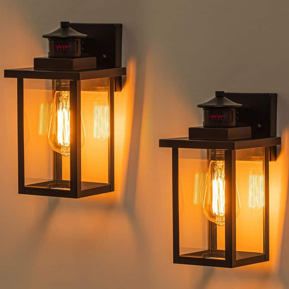 1-Light Black Motion Sensor Dusk To Dawn Outdoor Hardwired Wall Lantern Sconces with No Bulb Included (2-Pack)