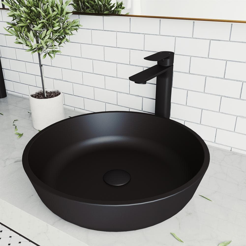 Modern Modus Black Matte Shell Glass 17 in. L x 17 in. W x 4 in. H Round Vessel Bathroom Sink - Stu's Home Improvement Outlet