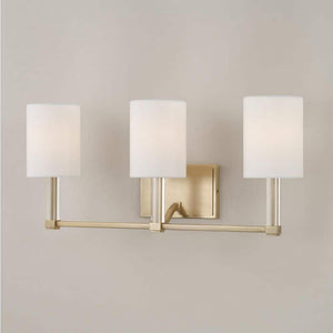 Ingrid 24 in. W x 9.75 in. H 3 - Light Matte Brass Vanity Light with Clear Acrylic Accents and White Fabric Shades - Stu's Home Improvement Outlet